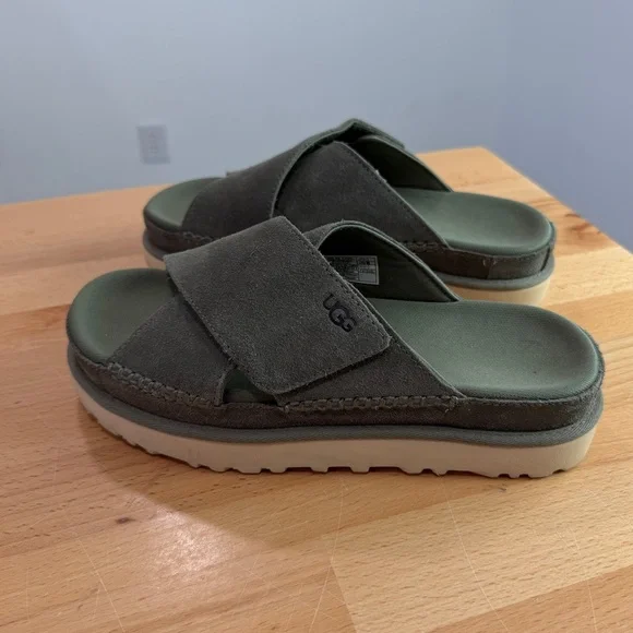 UGG Goldenstar Cross Slide Suede Minimalist Platform Sandal Green Size 7.5 - Picture 3 of 10